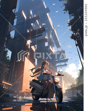 オートバイに乗る少女と素晴らしい風景（AI生成画像）のイラスト素材