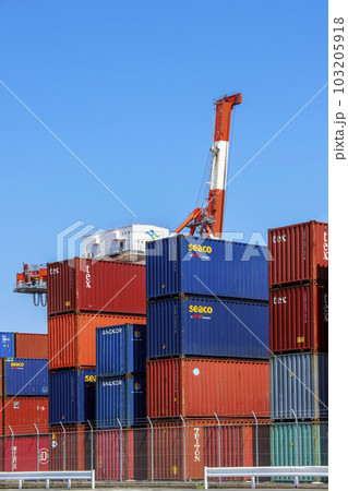 品川コンテナ埠頭のガントリークレーンとコンテナ 103205918