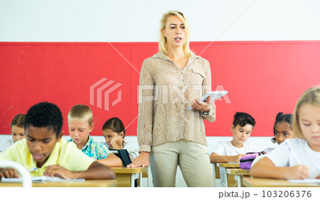 Woman teacher lecturing to pupils at classroom 103206376