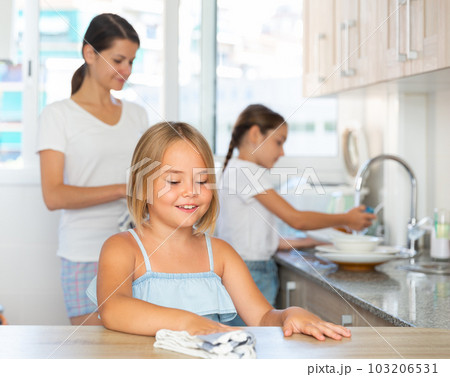 Little sisters cleans the table in the kitchen 103206531