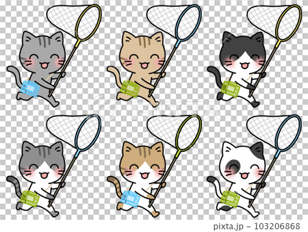 A set of 6 types of illustrations of cats running with a smile with a butterfly net and an insect cage (Sabatora, Pheasant tiger, Hachiware, Buchi) 103206868