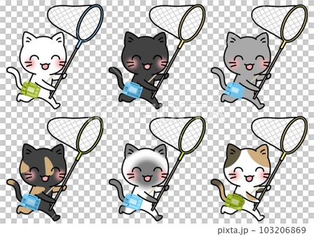 A set of 6 types of illustrations of cats running with a smile with a butterfly net and an insect cage (white cat, black cat, gray cat, rust, Siamese, calico cat) 103206869