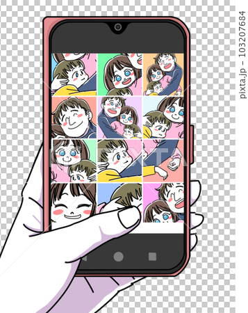 顯示孩子和父親的智能手機相冊 103207684