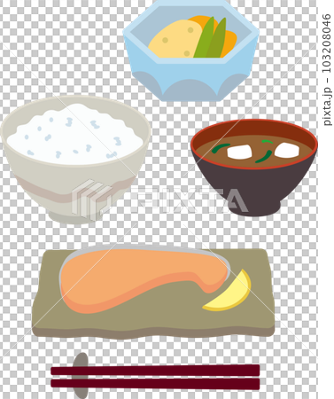 ご飯と味噌汁と鮭とおかず 103208046