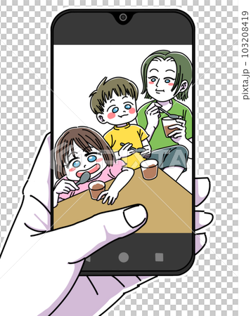 スマホに映ったチョコアイスを食べるお母さんと子ども達(白ふちあり) スマホに映ったチョコアイスを食べるお母さんと子ども達(白ふちあり) 103208419