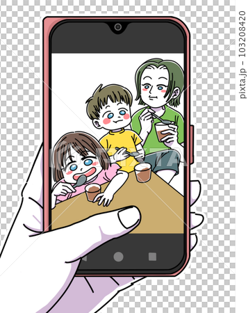 スマホに映ったチョコアイスを食べるお母さんと子ども達(白ふちあり) スマホに映ったチョコアイスを食べるお母さんと子ども達(白ふちあり) 103208420