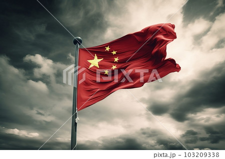 曇り空をバックに風にはためく中国の国旗：AI作品 103209338