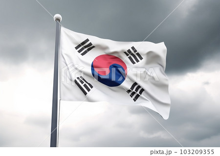 曇り空をバックに風にはためく韓国の国旗：AI作品 103209355