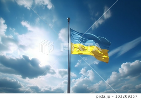 曇り空をバックに風にはためくウクライナの国旗：AI作品 103209357