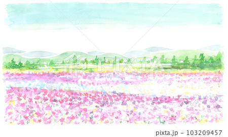 水彩で描いた芝桜の風景イラスト 103209457