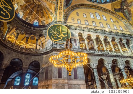 INSCRIPTION - denoting the names of Allah, the Prophet Muhammad, as well as the first 4 caliphs. Hagia Sophia Hagia Sofia, Ayasofya interior in Istanbul, Turkey, Byzantine architecture, city landmark INSCRIPTION - denoting the names of Allah, the Prophet Muhammad, as well as the first 4 caliphs. Hagia Sophia Hagia Sofia, Ayasofya interior in Istanbul, Turkey, Byzantine architecture, city landmark 103209903