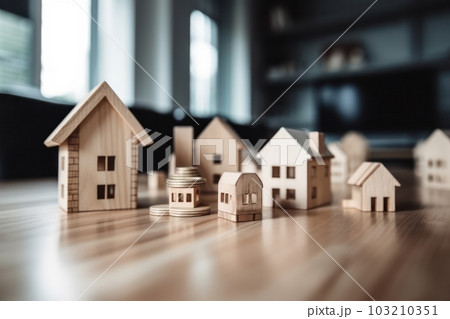 Retirement and financial security with a wooden house and money stacks on a table, signifying stability and assets. AI Generative. 103210351