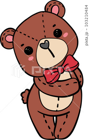 Cute classic Teddy Bear wear red bow doodle hand drawing cartoon character 103210484