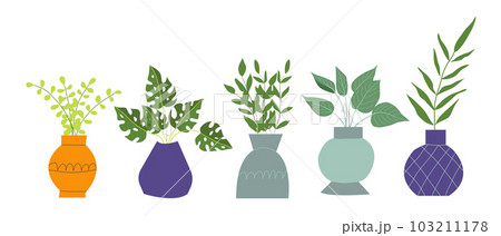 Urban jungle, trendy home decor with plants, tropical leaves in stylish planters and pots Urban jungle, trendy home decor with plants, tropical leaves in stylish planters and pots 103211178