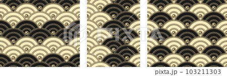 Set of traditional asian wave patterns. Japanese, chinese, korean wavy ornament with realistic golden chains, beads. Geometric fan shaped grid. For packaging, fabric, textile, surface design Set of traditional asian wave patterns. Japanese, chinese, korean wavy ornament with realistic golden chains, beads. Geometric fan shaped grid. For packaging, fabric, textile, surface design 103211303