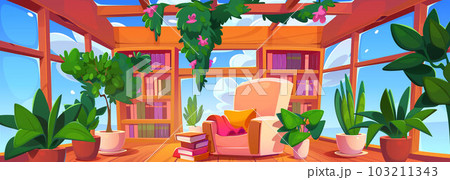 Empty glass living room or library with armchair 103211343