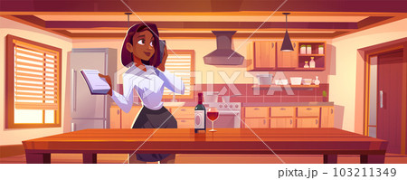 Black woman standing near kitchen table background 103211349