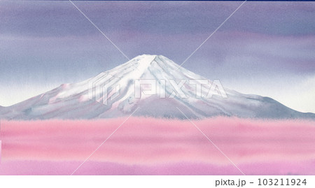 Hand drawn Japanese watercolor illustration. Sketch and watercolor  background with Fuji, sakura Stock Illustration