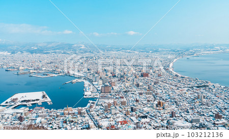 Beautiful landscape and cityscape from Hakodate Mountain with Snow in winter season. landmark and popular for attractions in Hokkaido, Japan.Travel and Vacation concept Beautiful landscape and cityscape from Hakodate Mountain with Snow in winter season. landmark and popular for attractions in Hokkaido, Japan.Travel and Vacation concept 103212136