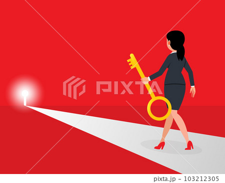 Problem solution and secret discovery. Business woman walking through the giant keyhole. 103212305
