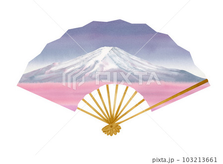 Watercolor illustration of a pink-blue open paper fan with a wooden face guard and spokes. Element isolated on white background 103213661