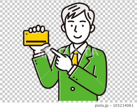 クレジットカードを指差すスーツ姿の男性 103214061