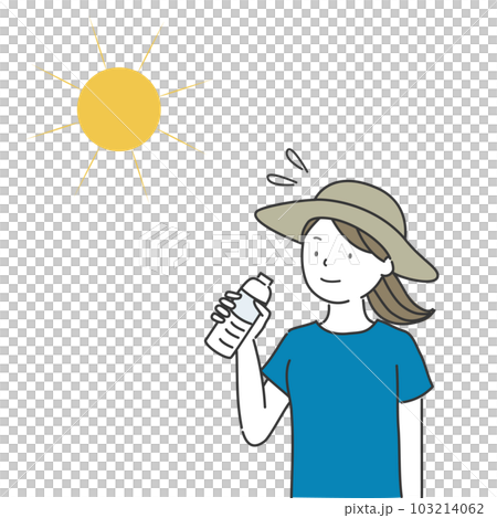 A woman wearing a hat drinking water from a plastic bottle in the sun 103214062