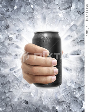 Aluminum can with water droplets in hand, on a Ice broken splash background 103214350