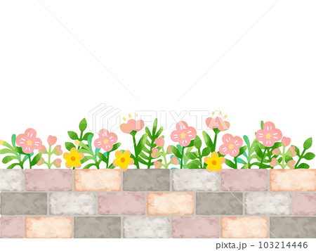 水彩風の花が咲き乱れる花壇のフレーム背景イラスト 103214446