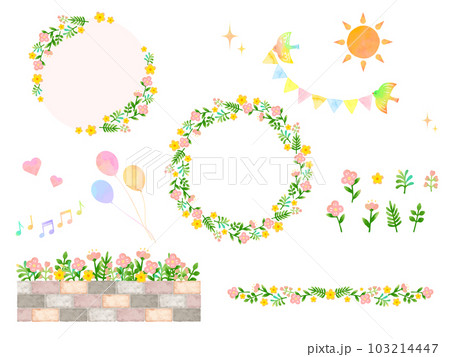 水彩風の花のフレームや可愛いカットイラストのセット 103214447