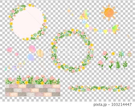 水彩風の花のフレームや可愛いカットイラストのセット 103214447