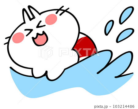 海で泳ぐ浮き輪のにゃんこイラスト素材 103214486