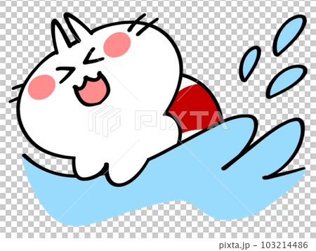 海で泳ぐ浮き輪のにゃんこイラスト素材 103214486
