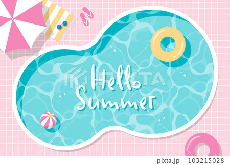 上から見たプール、パラソル、浮き輪、ビーチボール、シートの背景イラスト 103215028