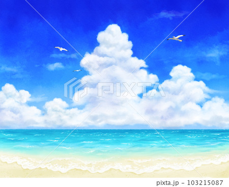 アナログ水彩風のカモメが飛ぶ夏の空と入道雲と砂浜 103215087