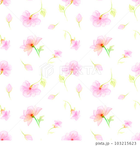 Watercolor drawing pattern of half-transparent purple flowers and green leaves on white background. Nice hand drawn picture for wrapping, background, stickers, scrapbooking, textile printings, fabrics 103215623