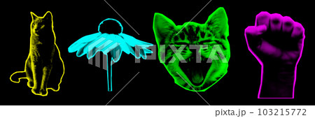 Collage design elements in trendy dotted pop art style. Retro halftone effect. Flower, hand, cat. Vector illustration with vintage grunge punk cutout shapes. 103215772