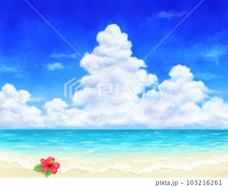 アナログ水彩風の青空と海とハイビスカスのイラスト素材 [103216261
