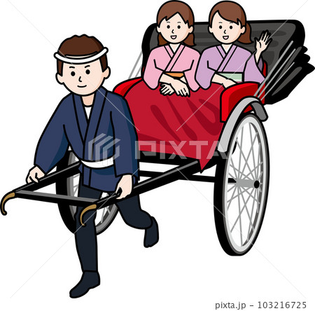人力車 車夫と着物姿の女性2人 人力車 車夫と着物姿の女性2人 103216725