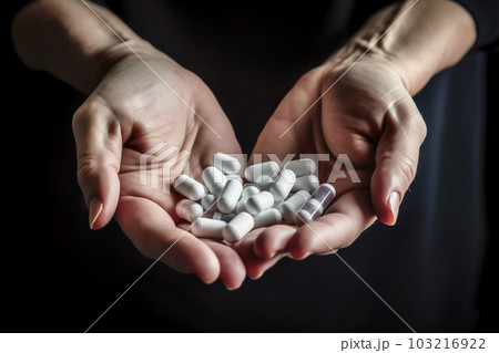 Close up of female hands holding handful of pills. Focus on foreground. Generative AI 103216922