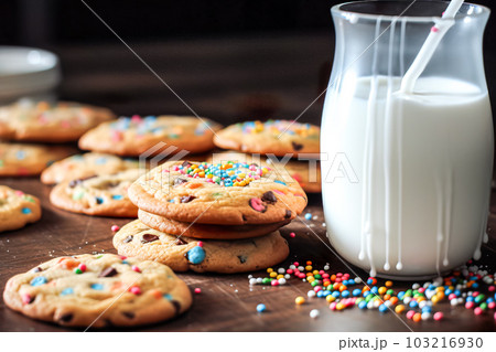 Milk in a glass and cookies on a wooden table, selective focus. Generative AI 103216930