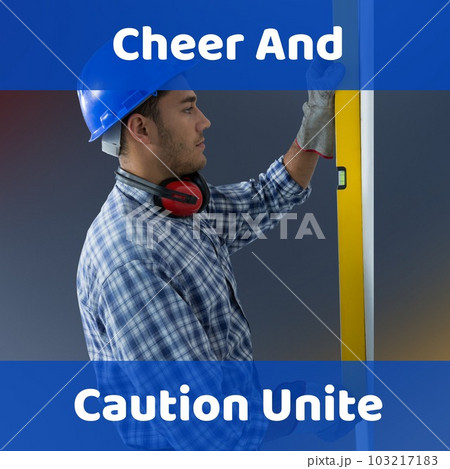 Composition of health and safety text over caucasian man in safety helmet 103217183