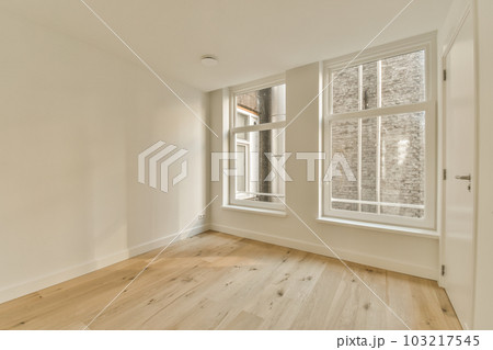 an empty room with white walls and wood flooring, there is a large window in the wall has a brick pattern on it 103217545