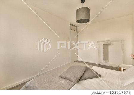 a bedroom with a bed, mirror and lamp hanging above the bed in this photo is taken from another room 103217678