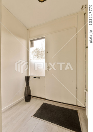 an empty room with white walls and wood flooring on the right, there is a black vase in the corner 103217779
