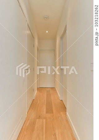 a long hallway with white walls and wood flooring on either side by side, leading to the other rooms 103218262
