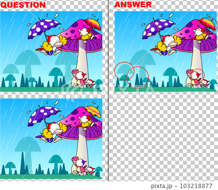 A quiz to find the differences in the illustration of a parent and child bird sheltering from the rain in the mushroom forest A quiz to find the differences in the illustration of a parent and child bird sheltering from the rain in the mushroom forest 103218877