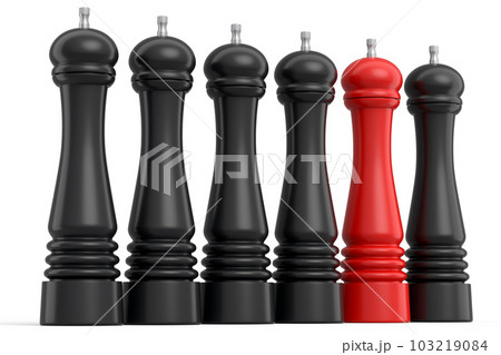 Set of salt or pepper wooden mill filled with peppercorns on white background. Set of salt or pepper wooden mill filled with peppercorns on white background. 103219084