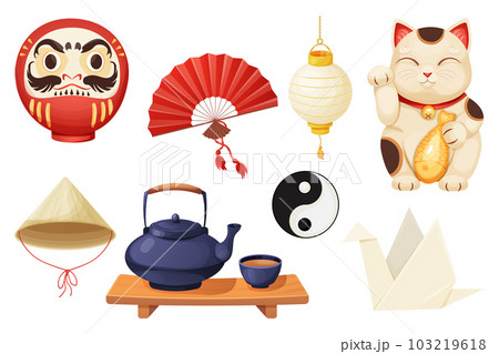 Japan set with traditional elements fun, maneki neko cat, origami crane, teapot with tea cups, daruma doll and lantern in cartoon style isolated on white background. 103219618