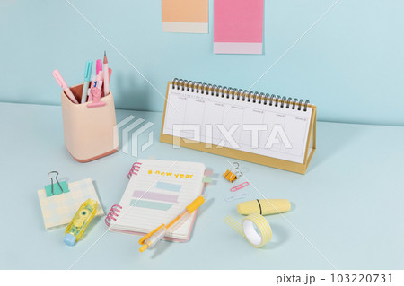 school supplies and diary concept, a desk preparing for the new semester school supplies and diary concept, a desk preparing for the new semester 103220731